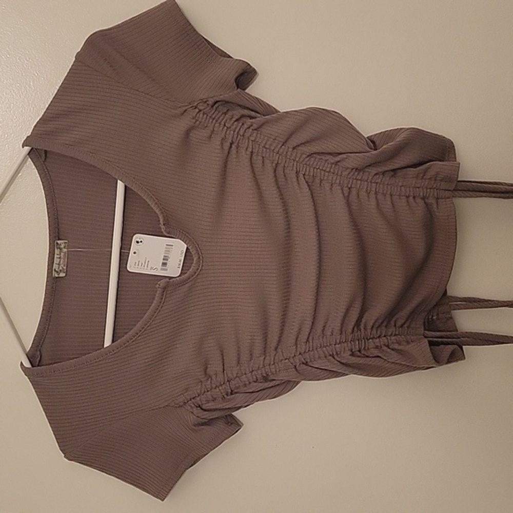 Free People Ruched Short Sleeve Crop Top in Taupe